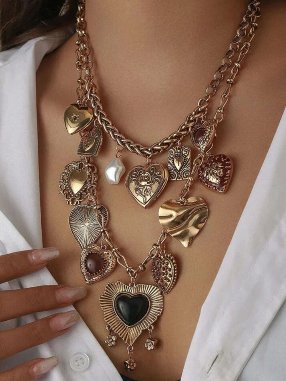 NEW 2PC Set Queen of Hearts Gold Heart Locket Pearl Drop Charm Layer Necklace